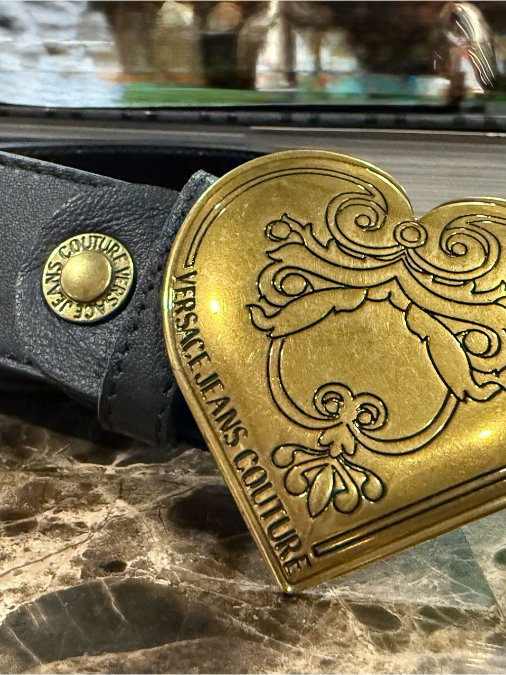 Versace Jeans Couture Black Leather Belt with Engraved Gold Heart Buckle